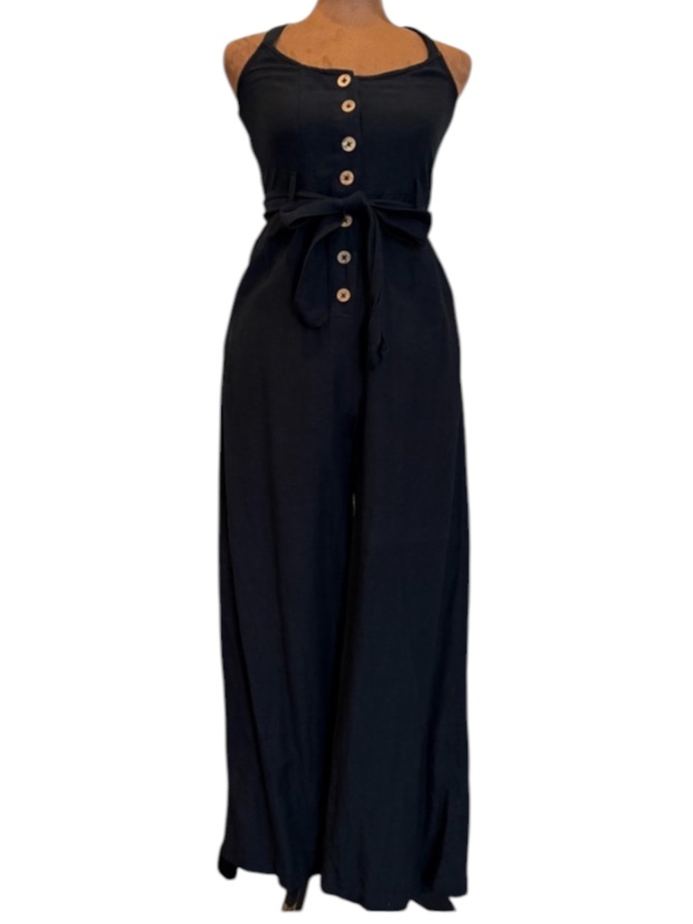 Roxy Black Linen Blend Wide Leg Jumpsuit XS Button Front Belted Pockets boho - Picture 9 of 9